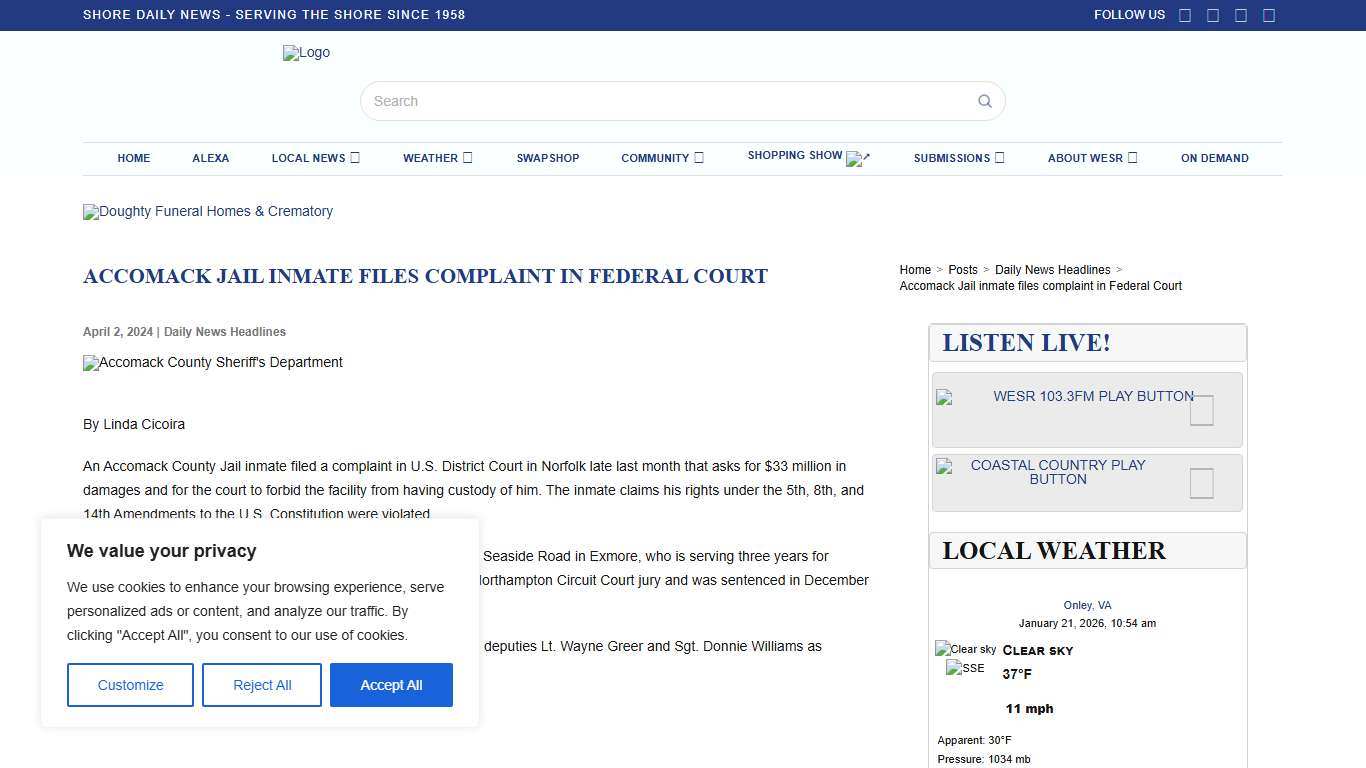 Accomack Jail inmate files complaint in Federal Court - Shore Daily News